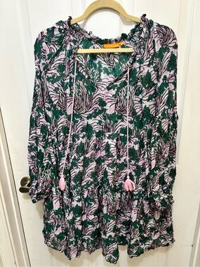 Oliphant Pink Green Black Floral Boho Tunic Dress